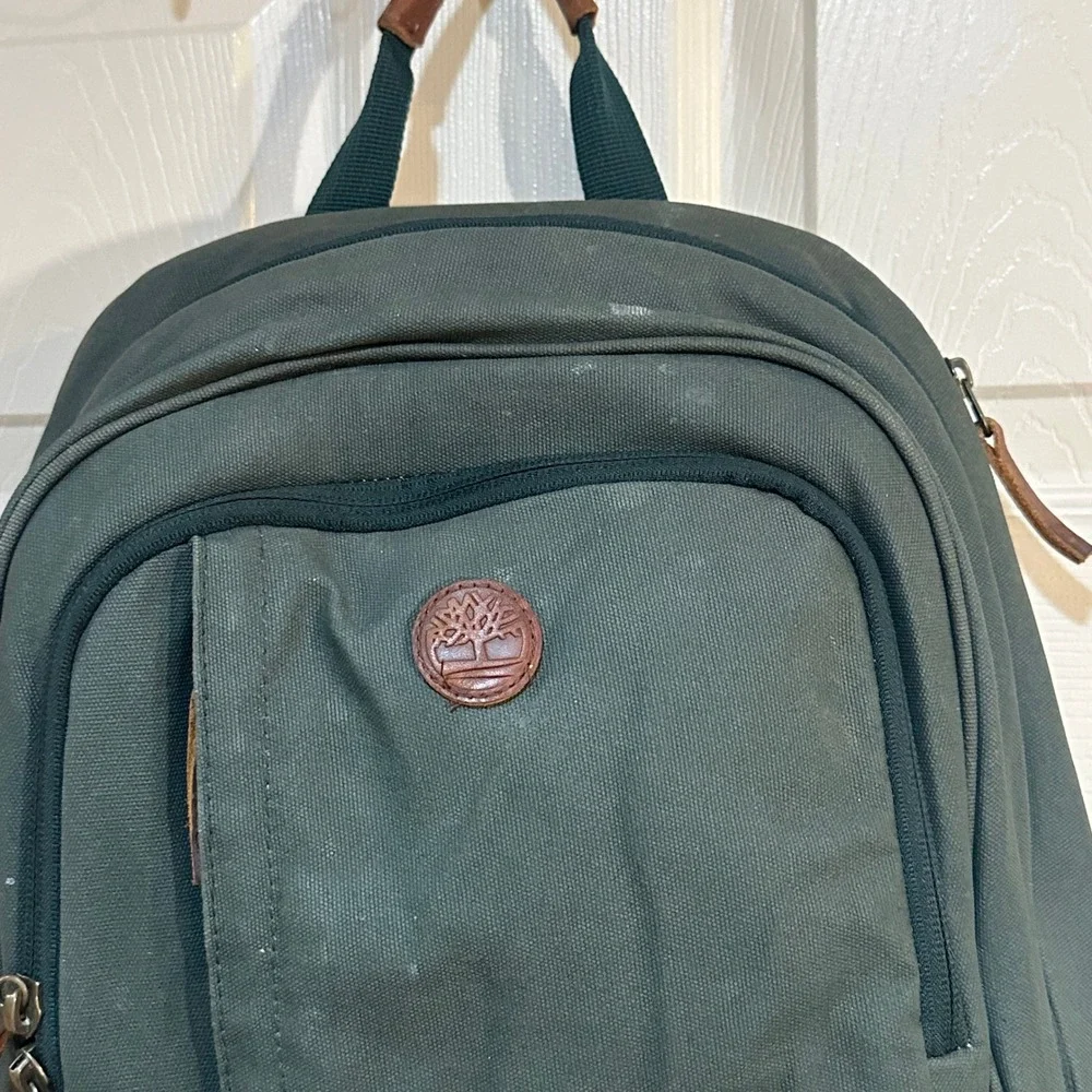 Timberland Canvas‎ Backpack Forest Green Leather Trim Outdoor Laptop Bag Travel